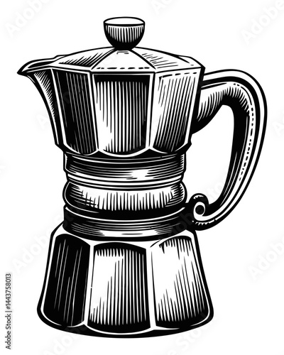 Hand-Drawn Engraving of a Vintage Coffee Maker in Black and White