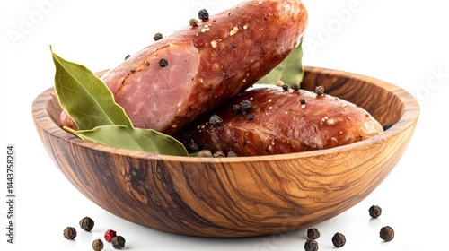 Smoked ham sausage with bay leaves in bowl on white.