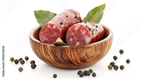 Sausage, spices, in wooden bowl.