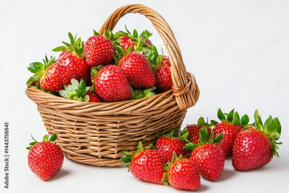 Strawberries in basket, white background. AI generated illustration. Strawberries in basket, white background. AI generated illustration.