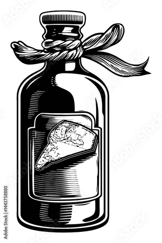 Vintage Hand-Drawn Engraving of a Potion Bottle with Label