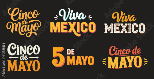 Colorful Cinco de Mayo and Viva Mexico Typography Vector Set for Mexican Festival, Celebration Graphics, and Holiday Design Projects.