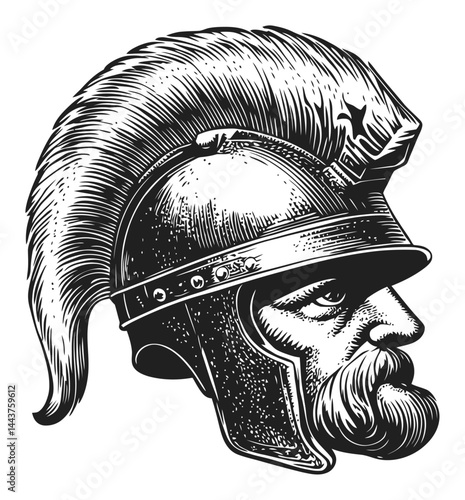 Detailed Hand-Drawn Engraving of a Warrior with Plumed Helmet