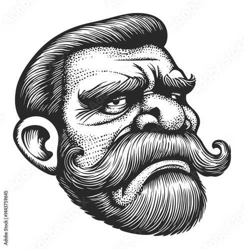 Vintage Hand-Drawn Engraving of a Grumpy Man with Mustache