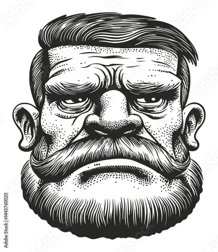 Detailed Hand-Drawn Engraving Illustration of a Serious Bearded Man