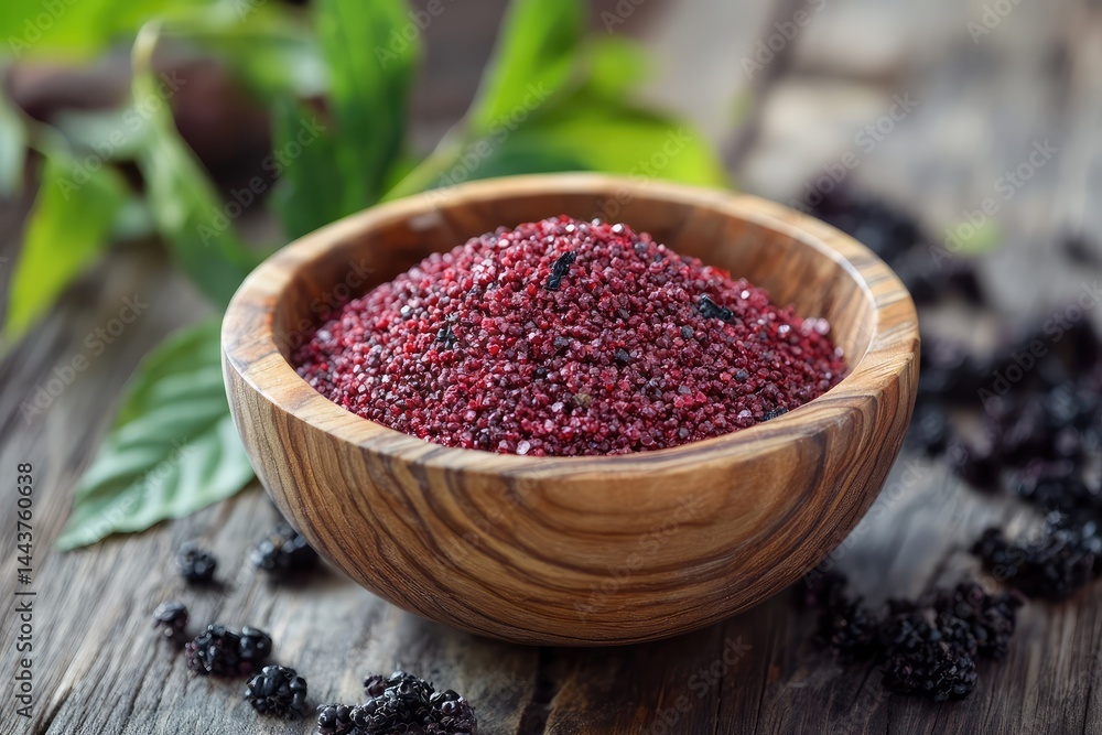 Sumac in wooden bowl. AI generated illustration. Sumac in wooden bowl. AI generated illustration.