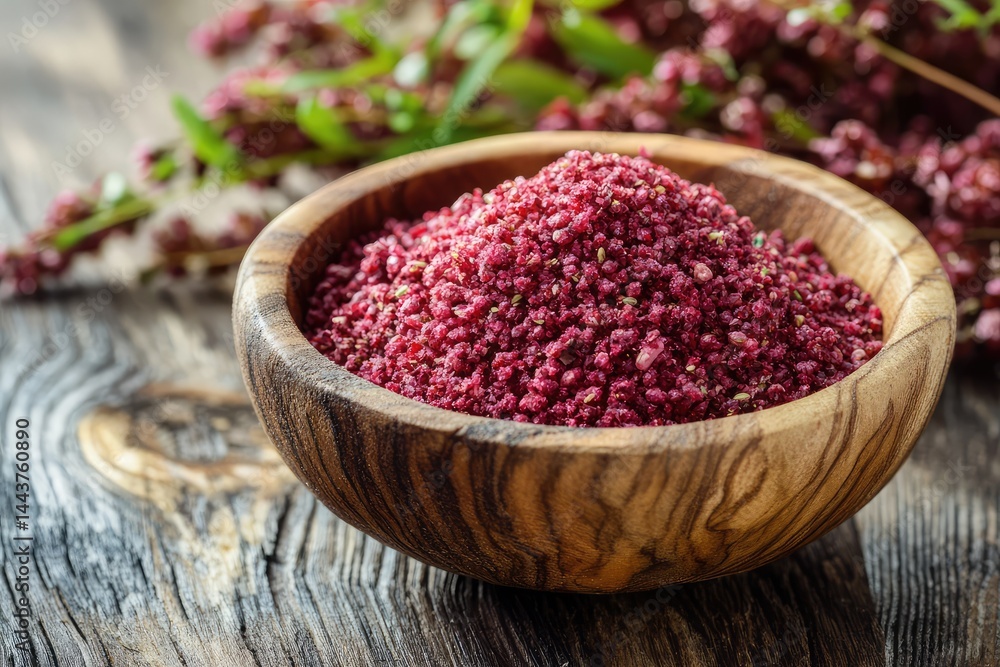 Sumac in wooden bowl. AI generated illustration. Sumac in wooden bowl. AI generated illustration.
