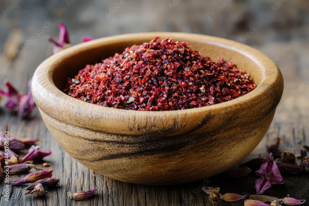 Sumac in wooden bowl. AI generated illustration. Sumac in wooden bowl. AI generated illustration.