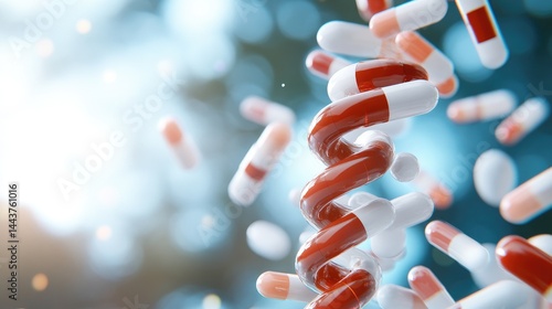 Red and white capsules forming helix health medicine science