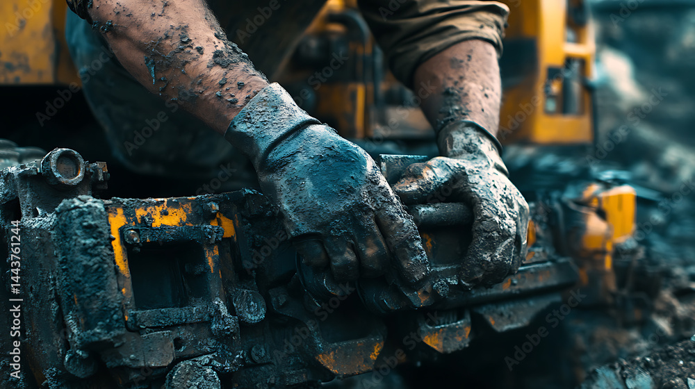 Worker Operating Heavy Machinery in Mud Worker Operating Heavy Machinery in Mud