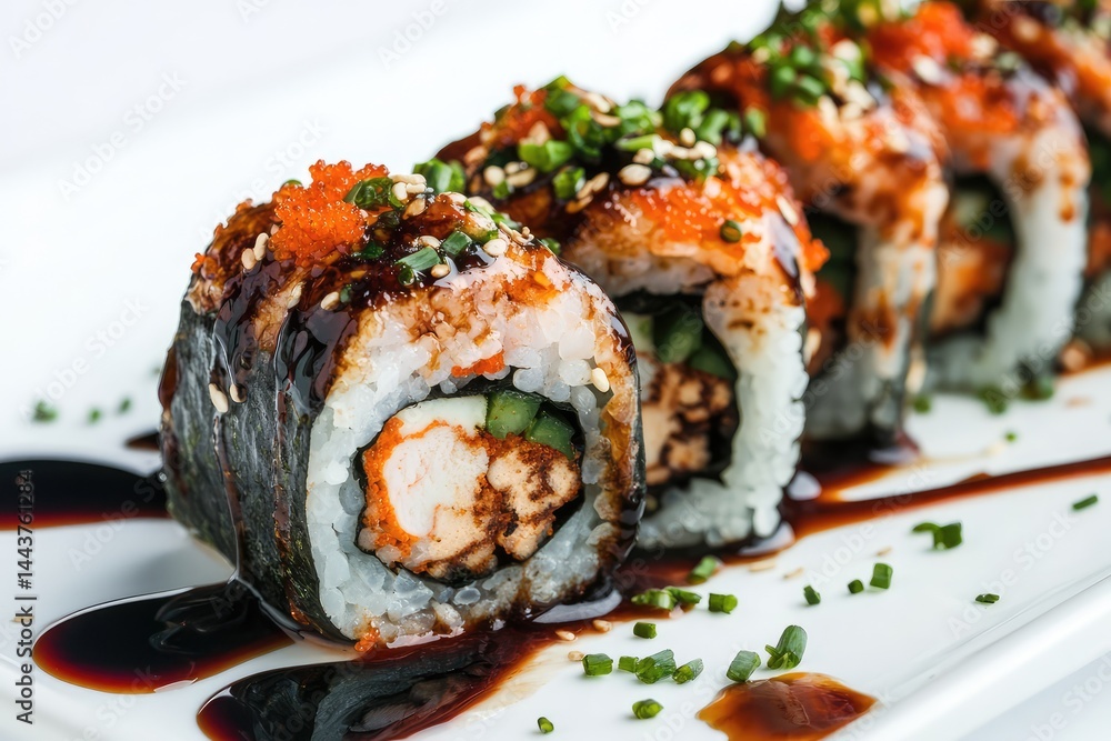 Sushi with sauce on plate, white background. AI generated illustration. Sushi with sauce on plate, white background. AI generated illustration.
