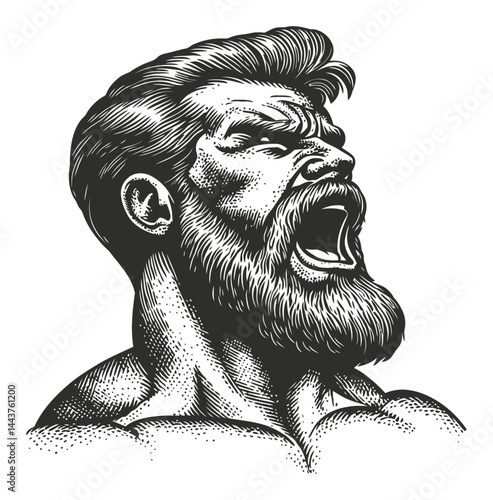 Hand-Drawn Engraving of a Powerful Man with Beard Yelling Out Loud