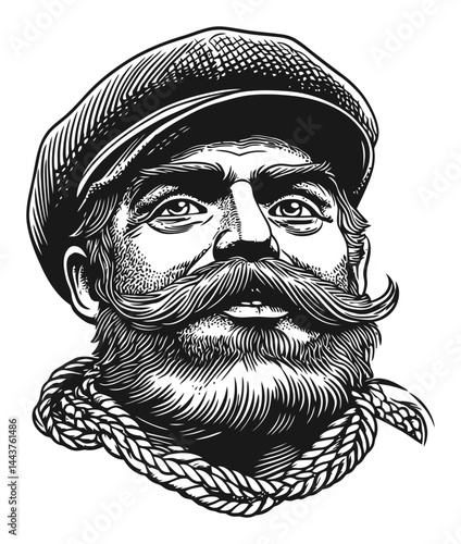 Detailed Hand-Drawn Illustration of a Bearded Man with Cap
