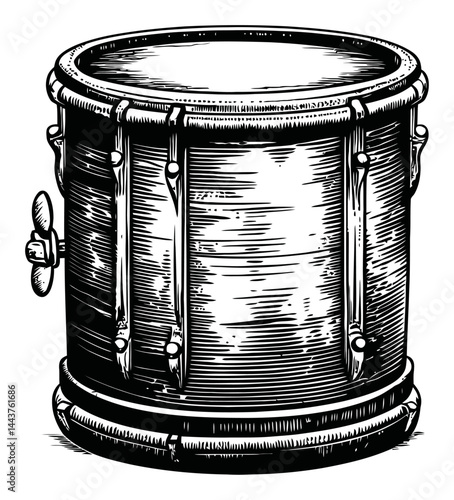 Hand Drawn Engraving of a Traditional Drum in Black and White Style