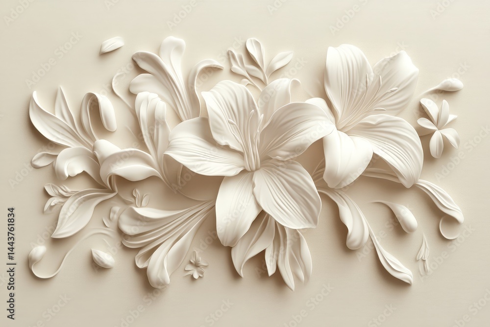 Fototapeta premium Ornate floral design in a light beige embossed relief.