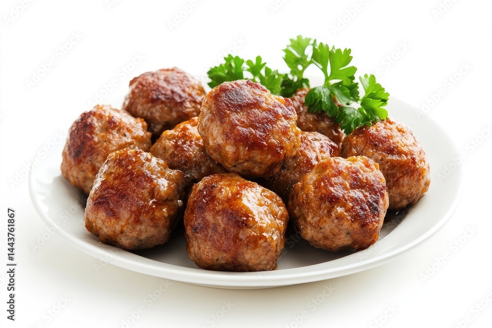 Swedish meatballs, isolated on plate, white background. AI generated illustration. Swedish meatballs, isolated on plate, white background. AI generated illustration.