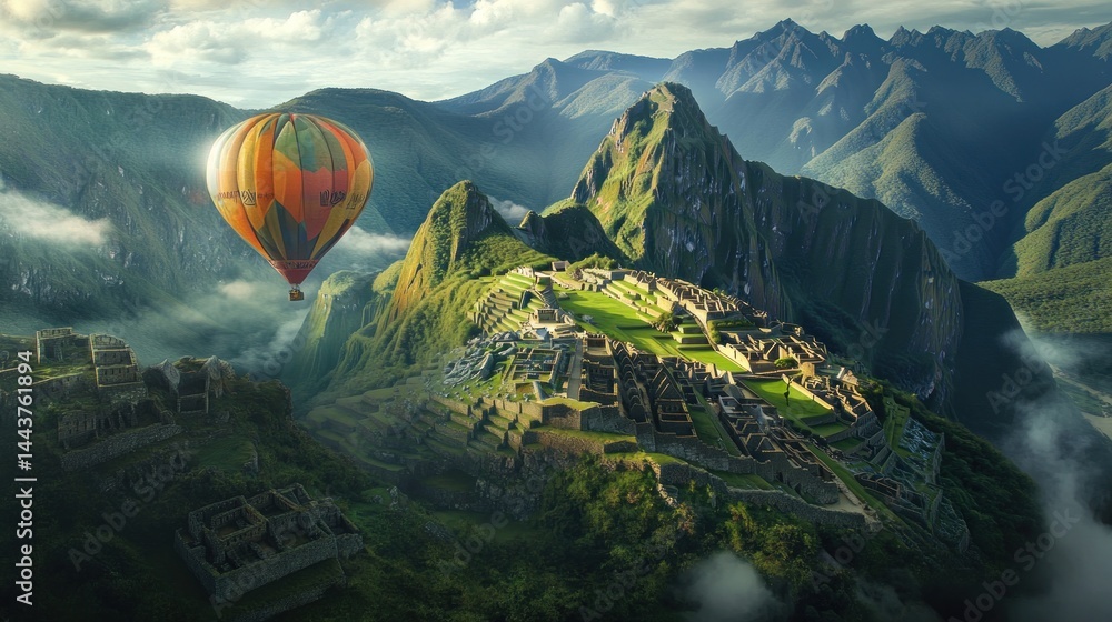 Fototapeta premium Hot air balloon over ancient Inca city
