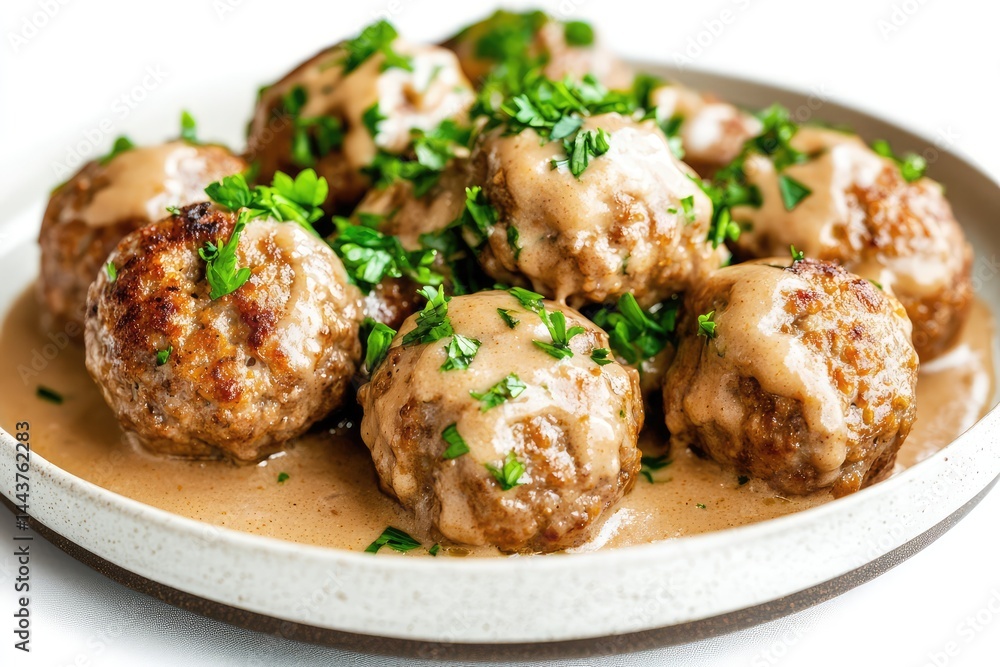 Swedish meatballs, isolated on plate, white background. AI generated illustration. Swedish meatballs, isolated on plate, white background. AI generated illustration.