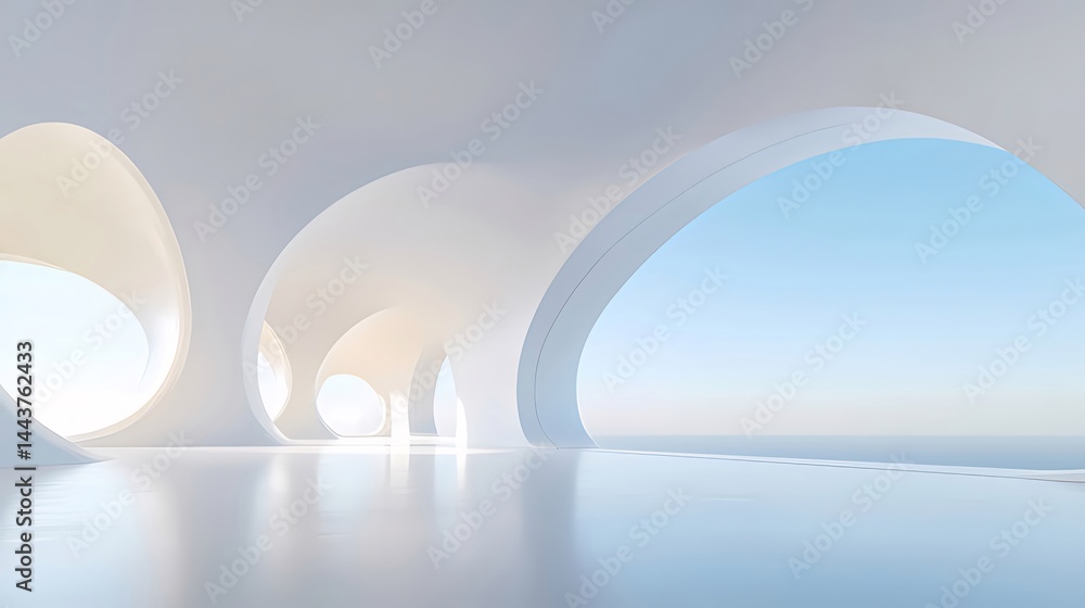 白いモダンな建築デザイン 光の入り口から見える青い空と幾何学的な曲線美 白いモダンな建築デザイン 光の入り口から見える青い空と幾何学的な曲線美
