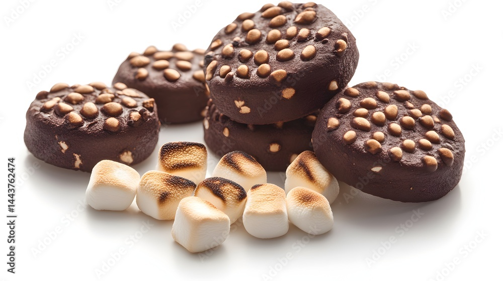 Delicious chocolate cookies with roasted hmallows and peanut topping are stacked on a white background for a sweet treat. Delicious chocolate cookies with roasted hmallows and peanut topping are stacked on a white background for a sweet treat.