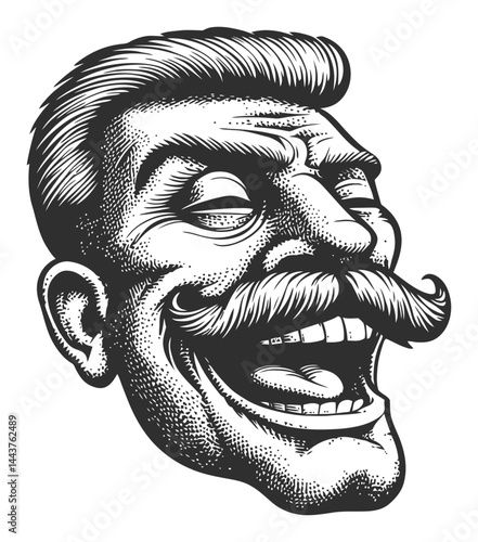 Vintage Engraving of a Laughing Man with Mustache in Black and White