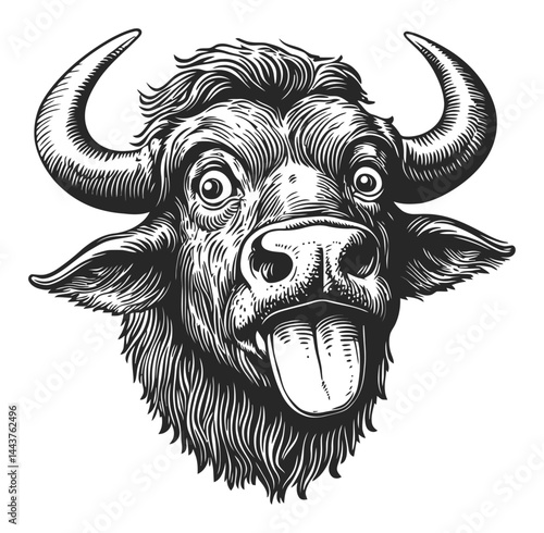 Hand-Drawn Engraved Illustration of a Buffalo Head with Playful Expression