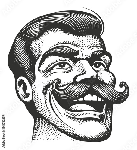 Vintage Hand-Drawn Engraving of a Cheerful Mustached Man's Face