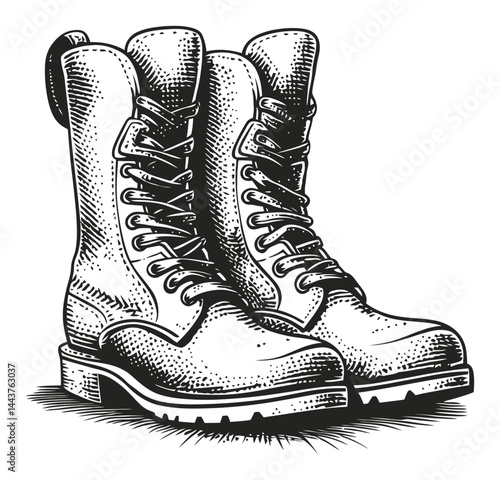 Detailed Hand-Drawn Engraving of Classic Military Combat Boots