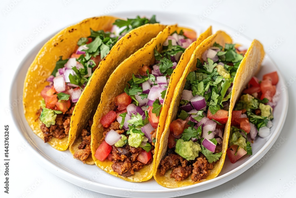 Tacos isolated on plate, white background. AI generated illustration. Tacos isolated on plate, white background. AI generated illustration.
