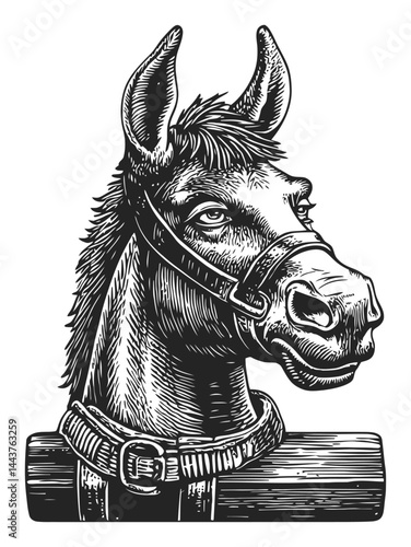 Detailed Engraving of a Horse Head with Harness and Bridle Design