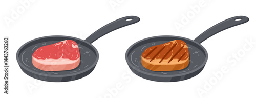 Beef steak on frying pan. Raw and roasted meat, pan-fried meat semi-finished product flat vector illustration. Cartoon meat steak cooking on frying pan
