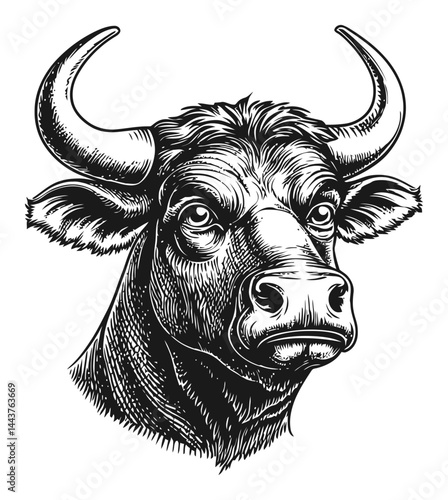 Detailed Hand-Drawn Engraving of a Bull's Head Illustration