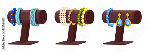 Jewelry bracelet holders. Glamorous accessories with pearls and gems, jewelry and bijouterie bracelets holder flat vector illustration set. Cartoon jewelry shop showcase