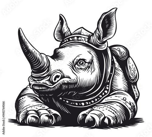 Hand-Drawn Engraving of a Rhinoceros in Armor Illustration