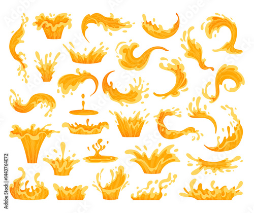 Juice splash silhouettes. Cartoon liquid orange juice drops, flows and waves, liquid orange juice splashes flat vector illustration set. Orange juice splash silhouettes
