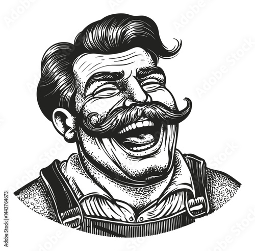 Vintage Hand-Drawn Illustration of a Cheerful Man with Mustache