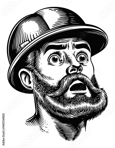 Vintage Hand-Drawn Engraving of a Shocked Man in a Helmet