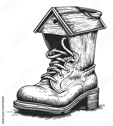 Hand-Drawn Engraving of a Boot with a Birdhouse Design