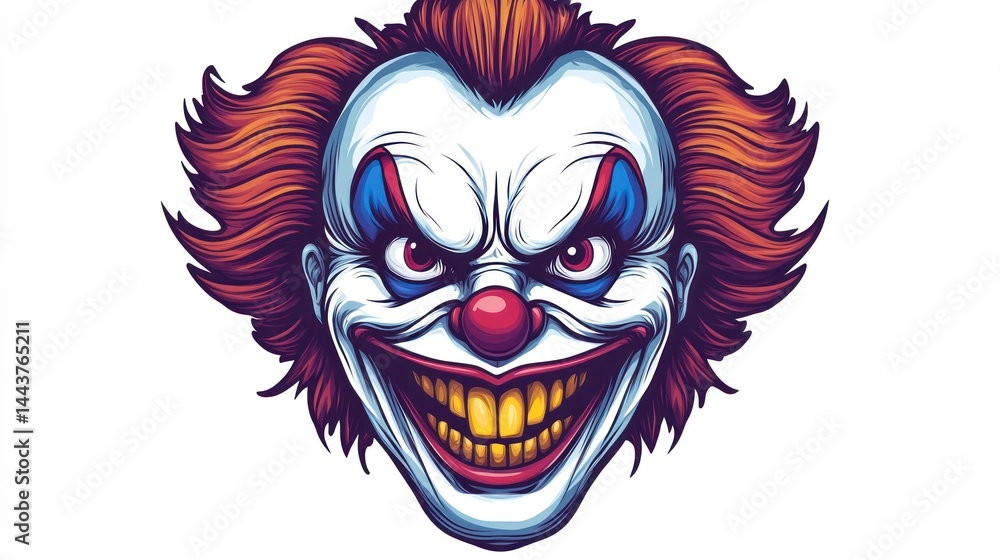 Fototapeta premium Creepy Clown Face with Fiery Hair and Sinister Smile for Halloween Themes