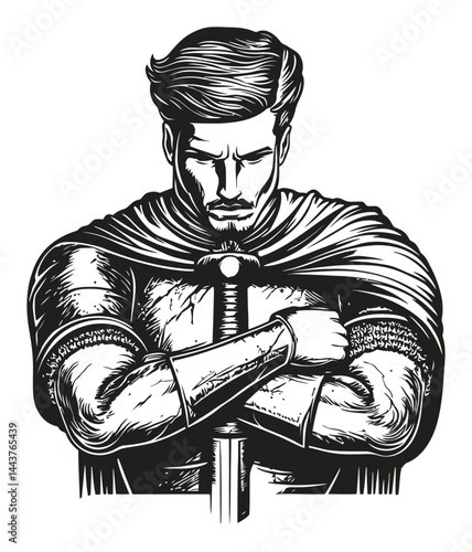 Detailed Hand-Drawn Engraving Illustration of a Contemplative Warrior