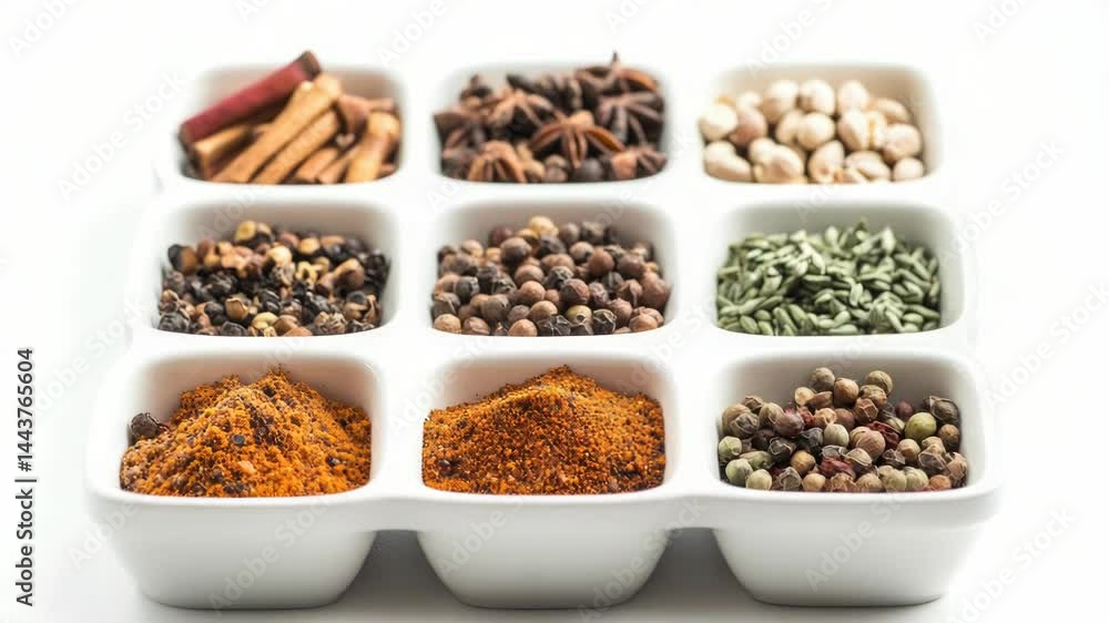 A variety of spices arranged on a white tray A variety of spices arranged on a white tray