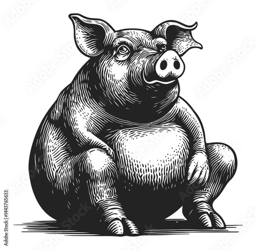 Detailed Hand-Drawn Engraving of a Relaxed Pig Illustration