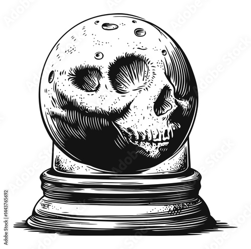 Hand-Drawn Engraving of a Skull in a Crystal Ball Illustration