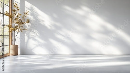 Minimalist empty room with a white wall casting soft leaf shadows from a window next to a potted plant.