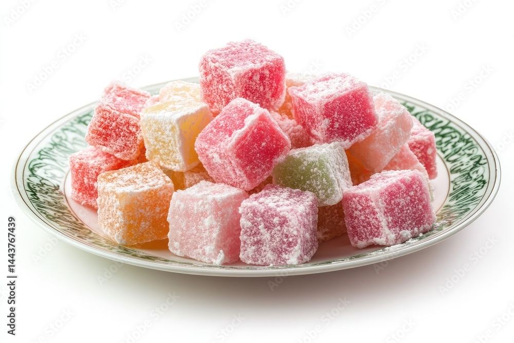 Assorted Turkish delight on white plate with clean background. AI generated illustration. Assorted Turkish delight on white plate with clean background. AI generated illustration.