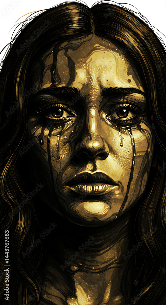 Dramatic portrait illustration of a woman with melting black and gold ink and a powerful emotional gaze. Dramatic portrait illustration of a woman with melting black and gold ink and a powerful emotional gaze.