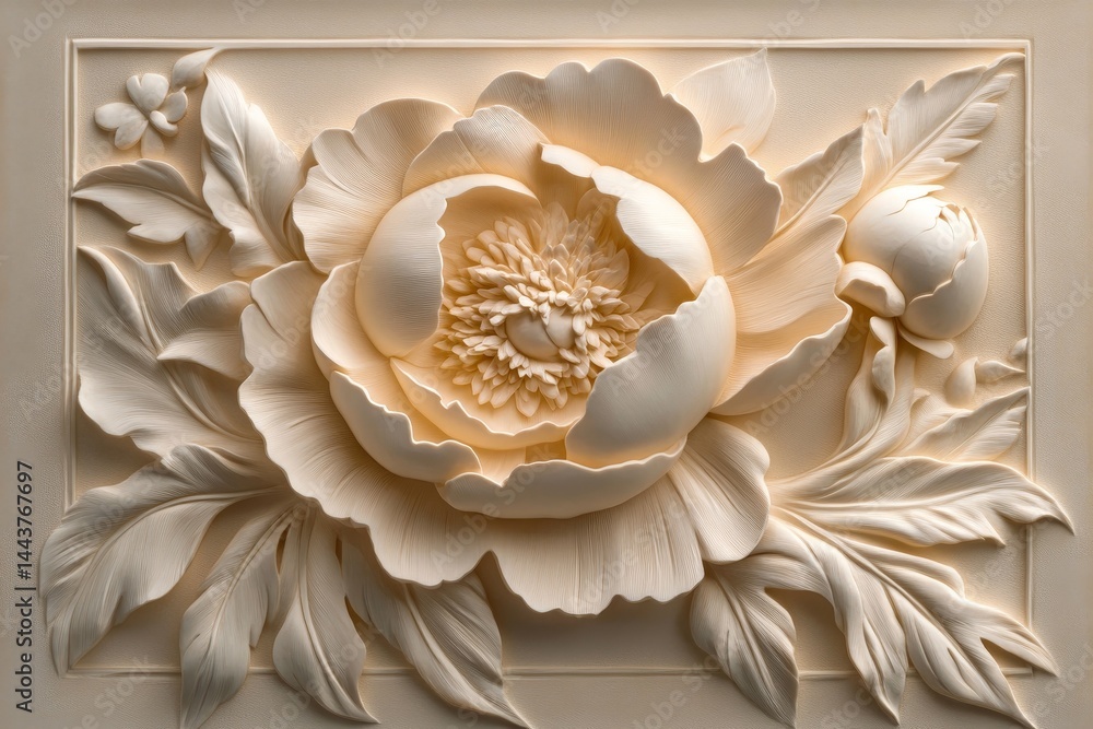 Ornate, sculpted flower design in light beige tones. Ornate, sculpted flower design in light beige tones.