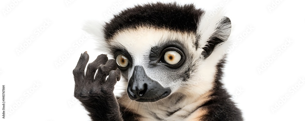 Obraz premium Ring tailed lemur with hand near face stares intently