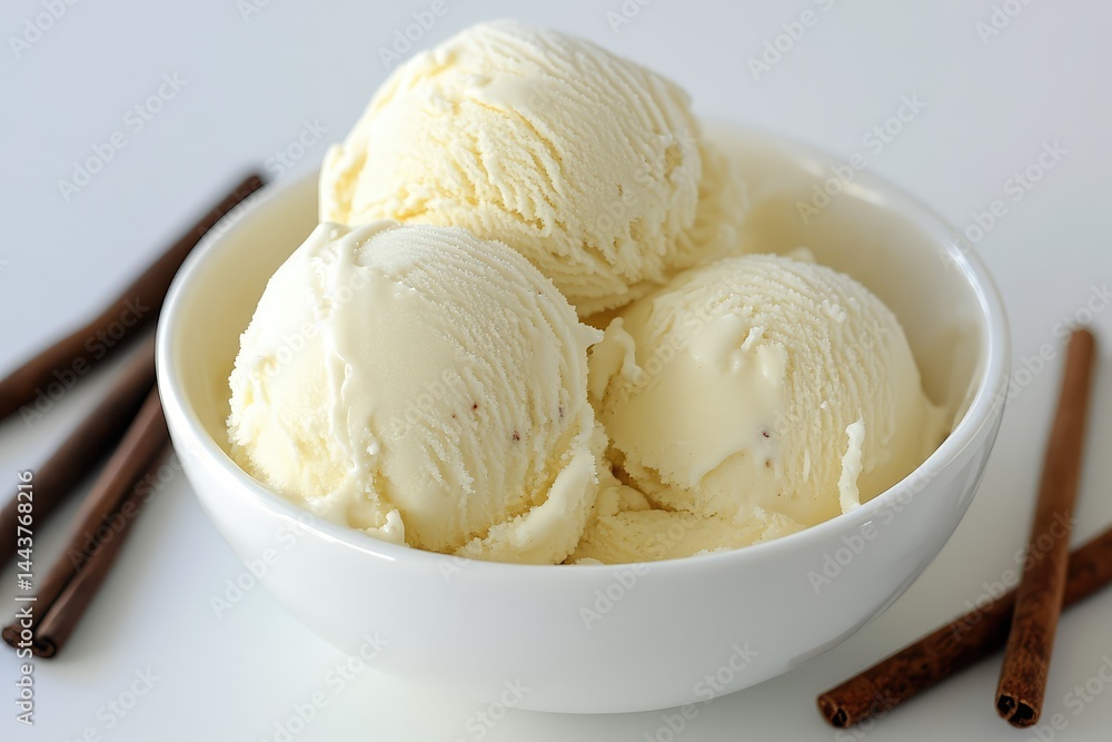 Vanilla ice cream served in a bowl on white background. AI generated illustration. Vanilla ice cream served in a bowl on white background. AI generated illustration.