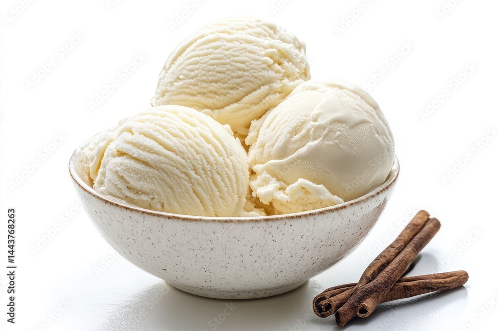 Vanilla ice cream served in a bowl on white background. AI generated illustration. Vanilla ice cream served in a bowl on white background. AI generated illustration.